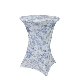 Spandex Round Cocktail Table Cover – Blue & White French Toile, 30" Highboy Stretch Fitted Tablecloth