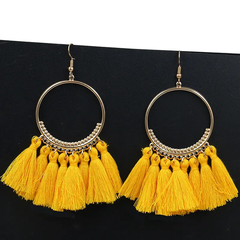 Statement Bright Yellow Tassel Hoop Earrings