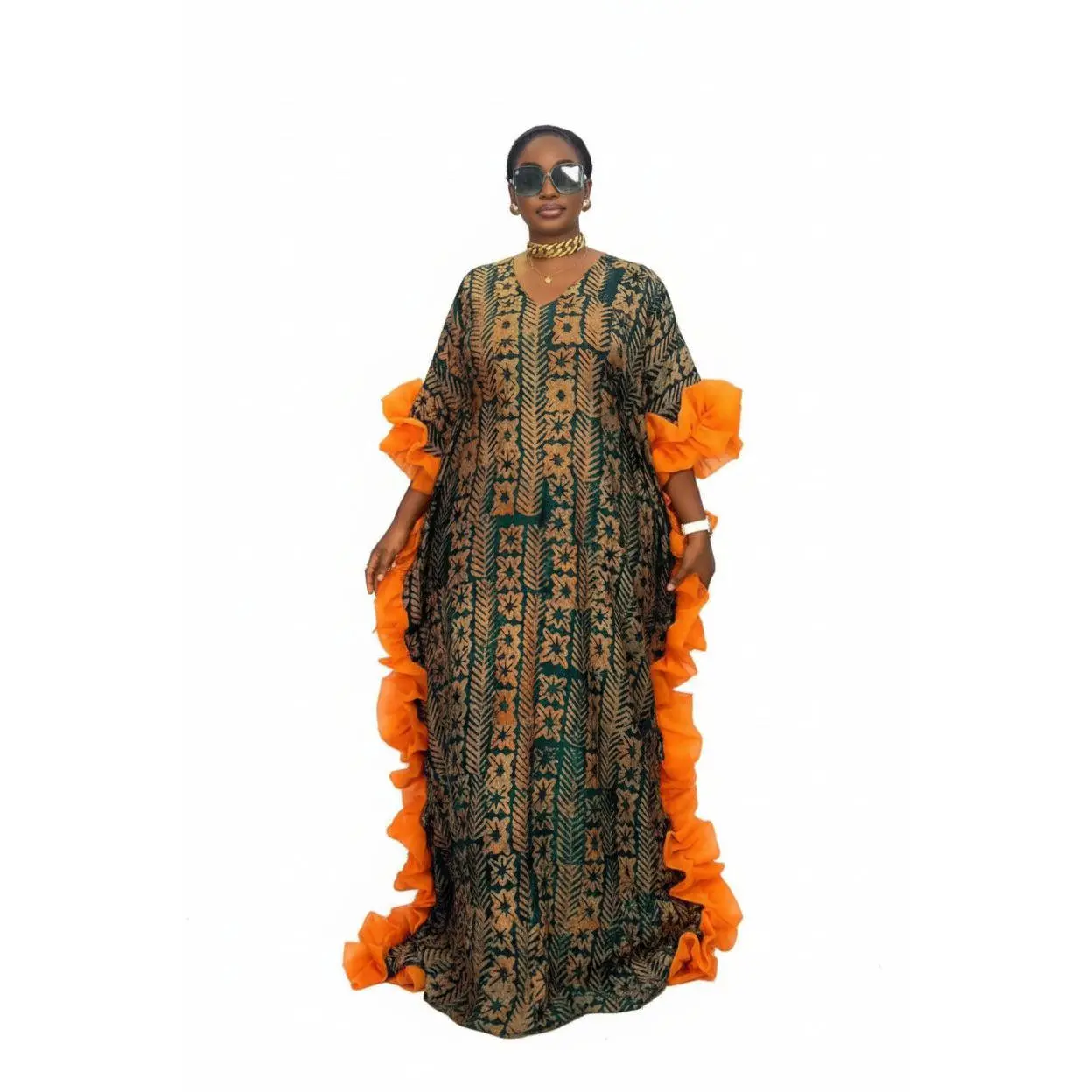 OLIVIA BLOOM Medium Crepe Adire and Organdi Ruffle African Boubou Kaftan Maxi Dress With Inner Belt