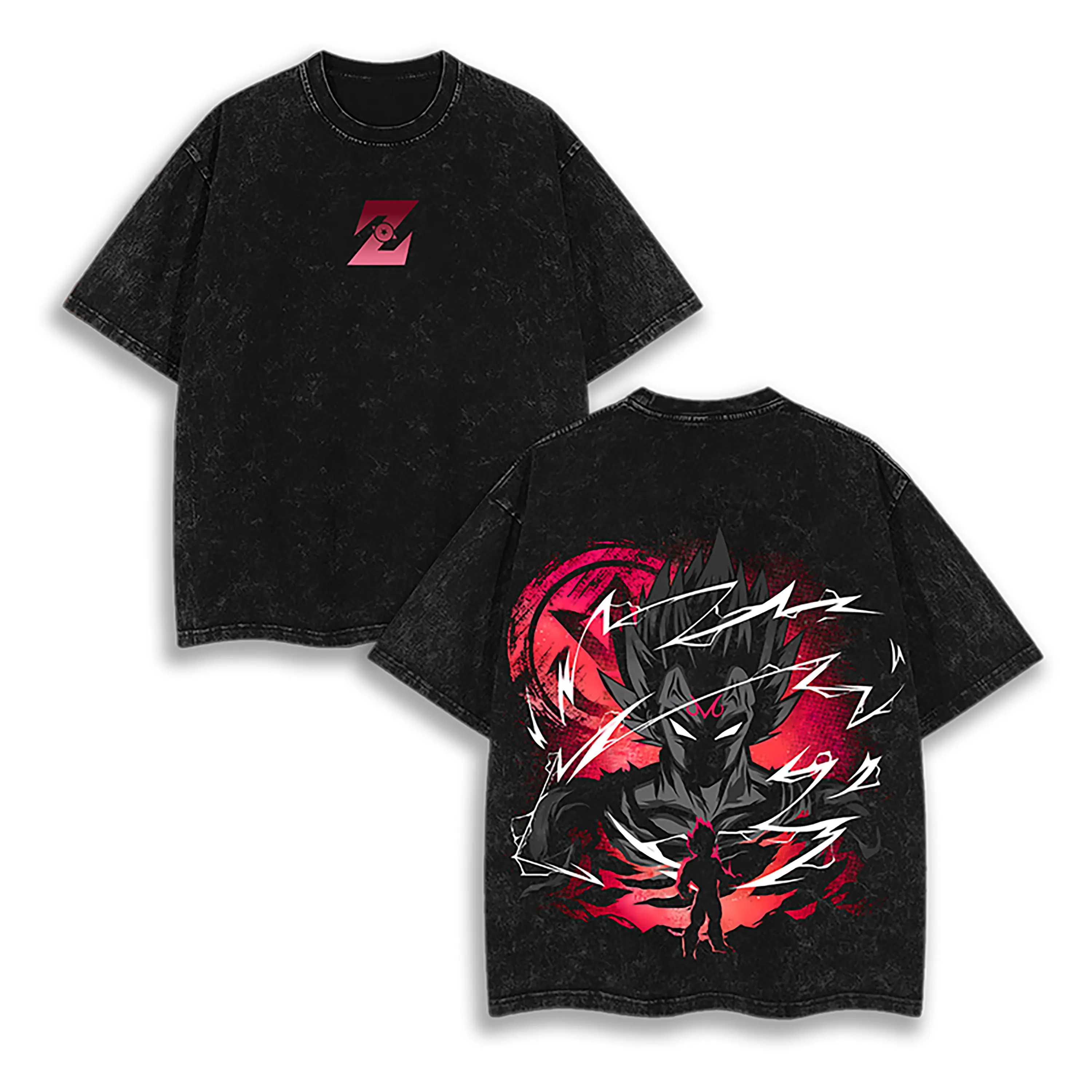Majin Vegeta Dark Silhouette Vintage Acid Wash Tee - DBZ Anime Streetwear Shirt - Men's Oversized Graphic T-Shirt