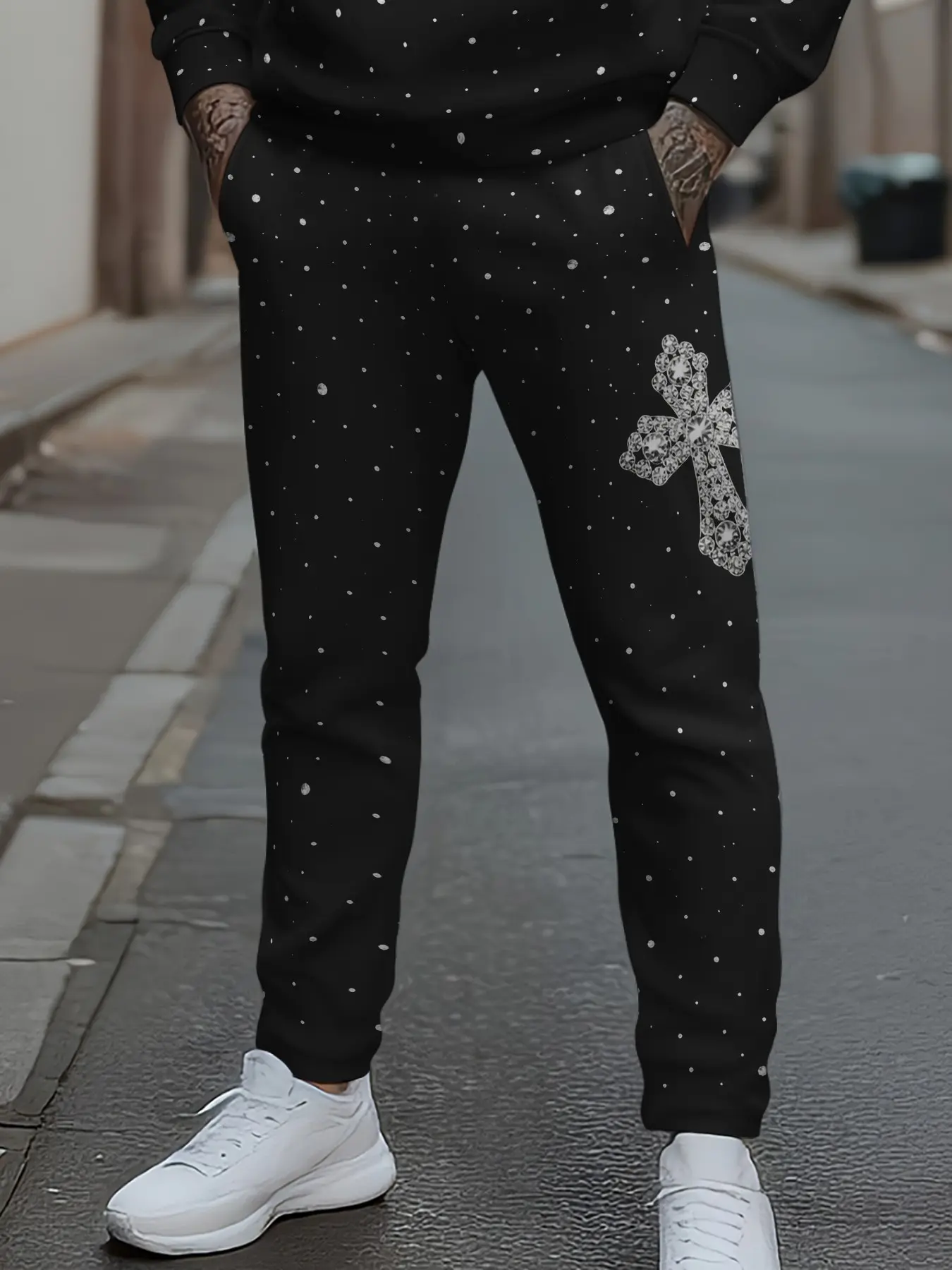 Men's Diamond Cross Joggers with Shiny Print, Luxury Rhinestone Cross Casual Sport Pants, Fitted All Seasons Running Trousers, Sports Pants, Athleisure Style Bottoms
