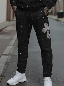 Men's Diamond Cross Joggers with Shiny Print, Luxury Rhinestone Cross Casual Sport Pants, Fitted All Seasons Running Trousers