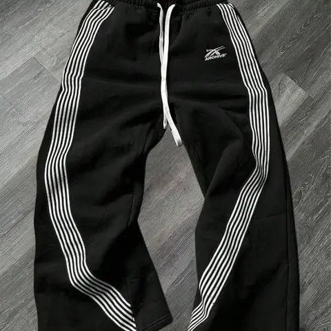 Men’s Baggy Side-Striped Wide-Leg Gym Running Bottoms - Mid Waist Drawstring Loose Sweatpants, Elastic Waist Straight-Cut Athleisure, All Seasons Streetwear for Jogging, Commuting