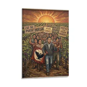 2D Flat Printed Canvas Art, Colorful Farm Workers & Cesar Chavez Protest Mural, Social Justice Wall Decor for Home, Living Room, Bedroom, Office, Frameless Artwork