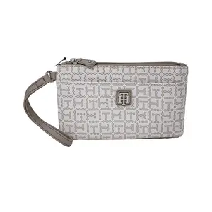 Tommy Hilfiger Clara Belle II Khaki Tonal Medium Wristlet Chic Monogram Everyday Essential with Secure Zip-Top Closure & Detachable Wrist Strap