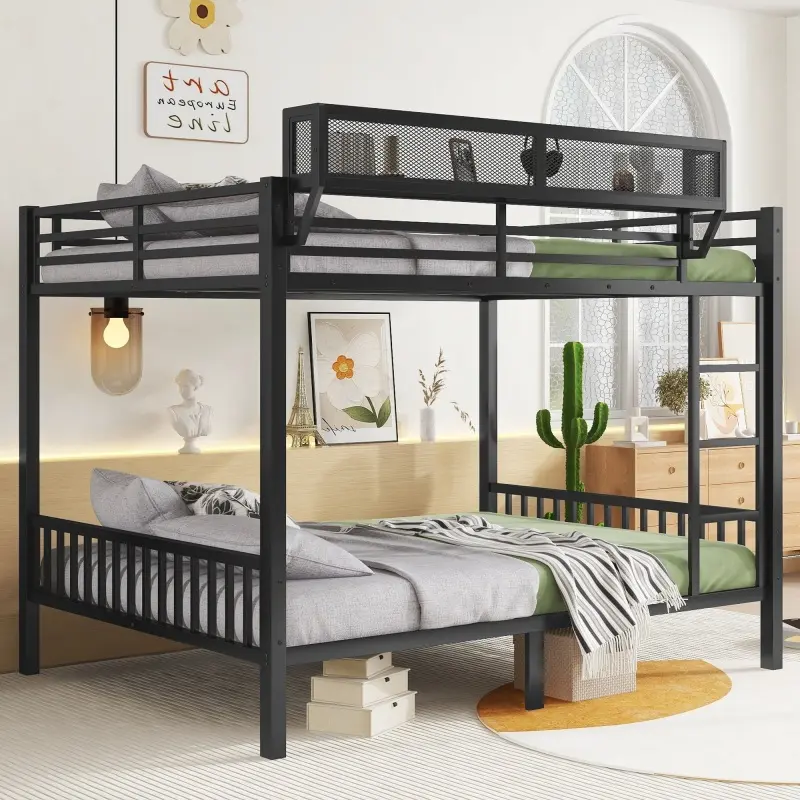 Queen Over Queen Bunk Beds Frame for Adults, Metal Bunk Bed Queen Size with Storage Shelf, Heavy-Duty Bunk Bed Frame with Ladder and Slats Support ,Space-Saving, Noise Reduced, Black