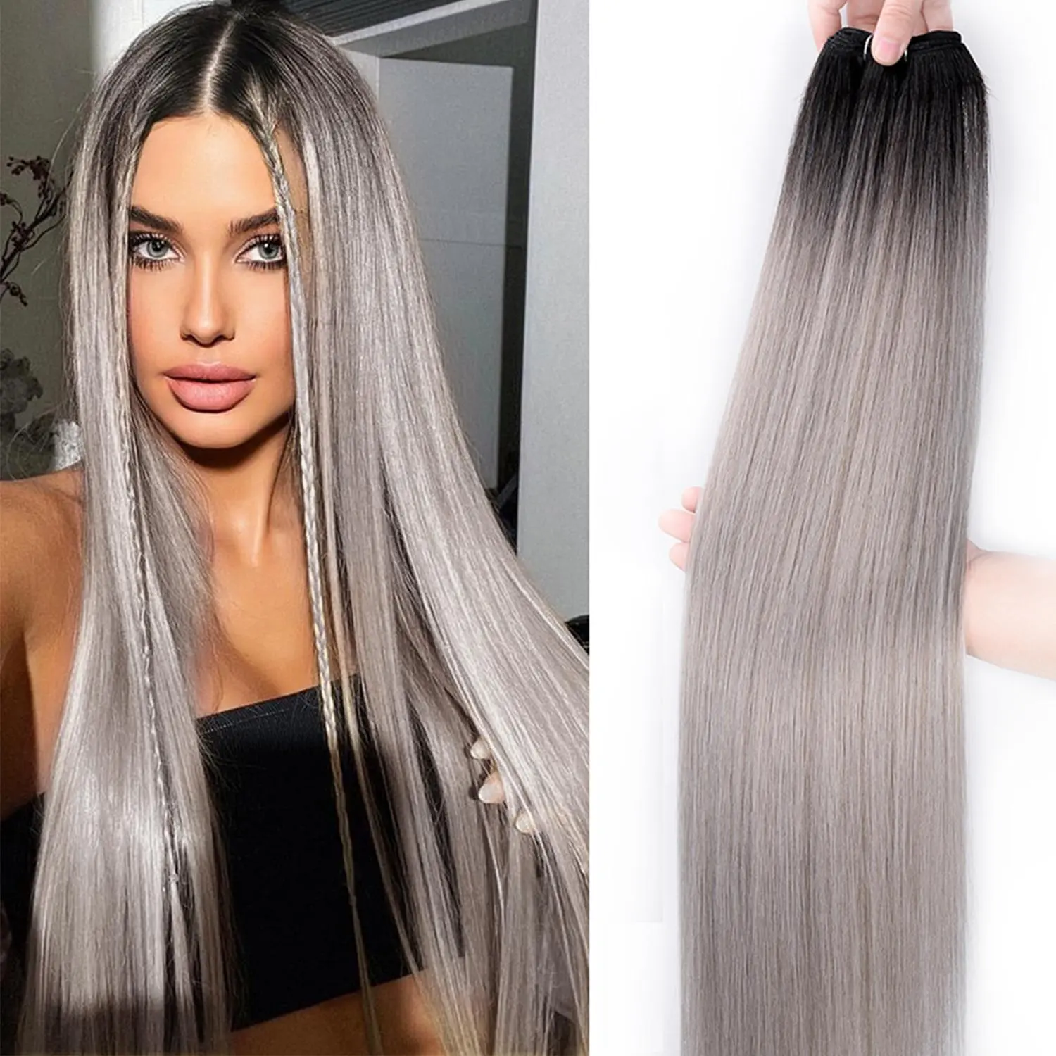 Vitorish Full Shine Straight Weft Extensions Sew In Weft Hair Extensions Imported High-temperature Fiber Synthetic Hair, 26Inch 150g Dark Brown, Hand Tied Weft Extensions Natural Straight Sew In Extensions Soft