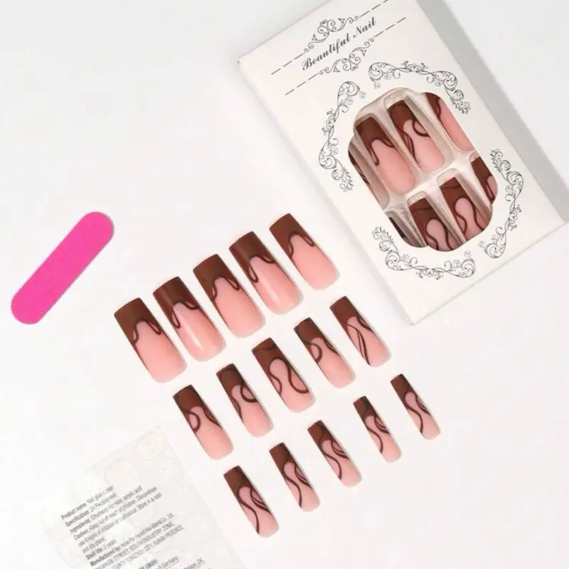 Beautiful Nail 24pcs Coffin Shape Matte Brown Stripe Press On Nails For Daily Wear 1pc Nail File & 1pc Jelly Glue Nail Supplies