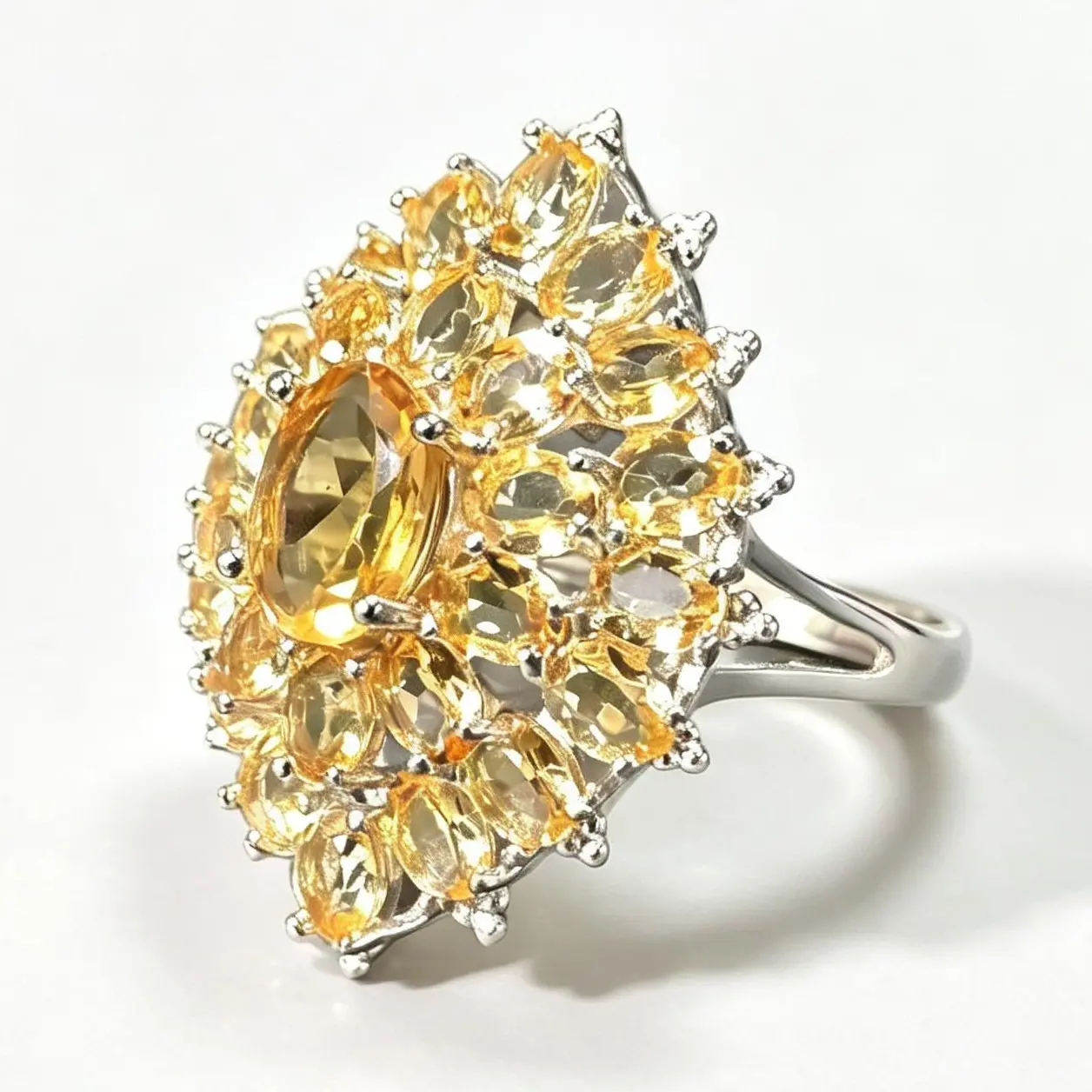 Unisex 26.5mm Sunburst Citrine Statement Ring, 925 Sterling Silver, Adjustable Fit, 27-Stone Layered Faceted Stones Natural Yellow Crystal Cocktail Ring for Special Events