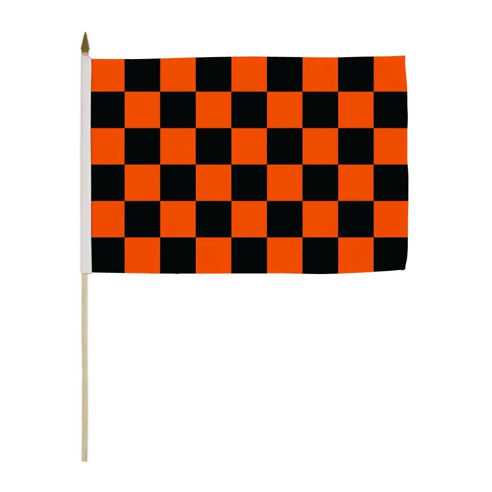 Flags Importer 12x18in Orange & Black Checkered Polyester Stick Flag - Bright Colors, Wooden & Plastic Components, Party Backdrop Banner Decoration for Home Supplies