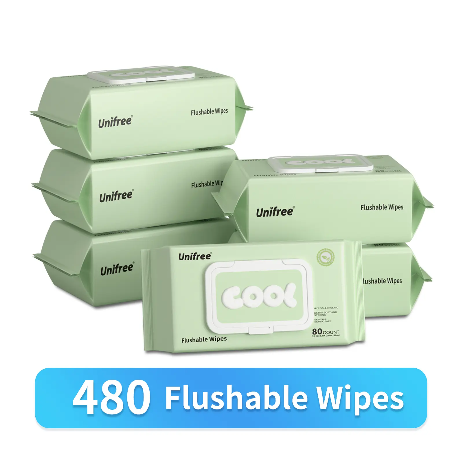 Unifree Flushable Wipes, Extra-Large, Lightly Scented, 80 Wipes/Pack, Family Size 4/6 Pack Options, For Adults & Kids, Bathroom Essentials, Plant-Based Biodegradable, 9-Stage Purified Water, Alcohol-Free, Quick-Dry, Septic & Sewer Safe