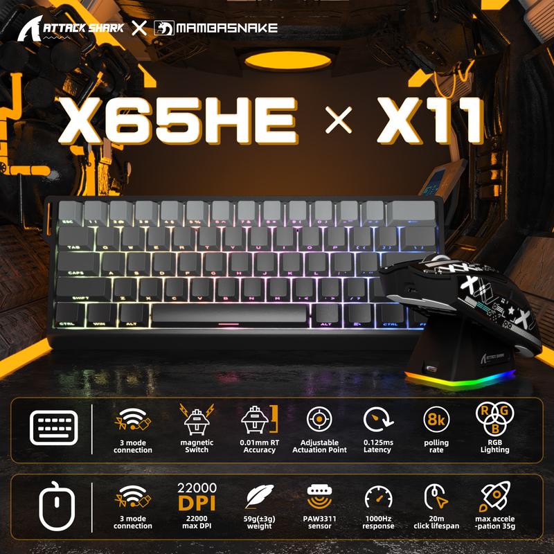 ATTACK SHARK X11&X60HE Mechanical Wireless Gaming Combo,Rapid Trigger Magnetic Switches 8K Keyboard,59g Ultra-Light Mouse with Charging Dock, 22K DPI,PAW3311,RGB Backlit 3-Mode with Coiled Cable