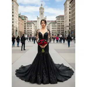 Fallon Black Trumpet Wedding Dress with long fitted illusion sleeves, Gothic Wedding Dress, Trumpet Black Wedding Dress