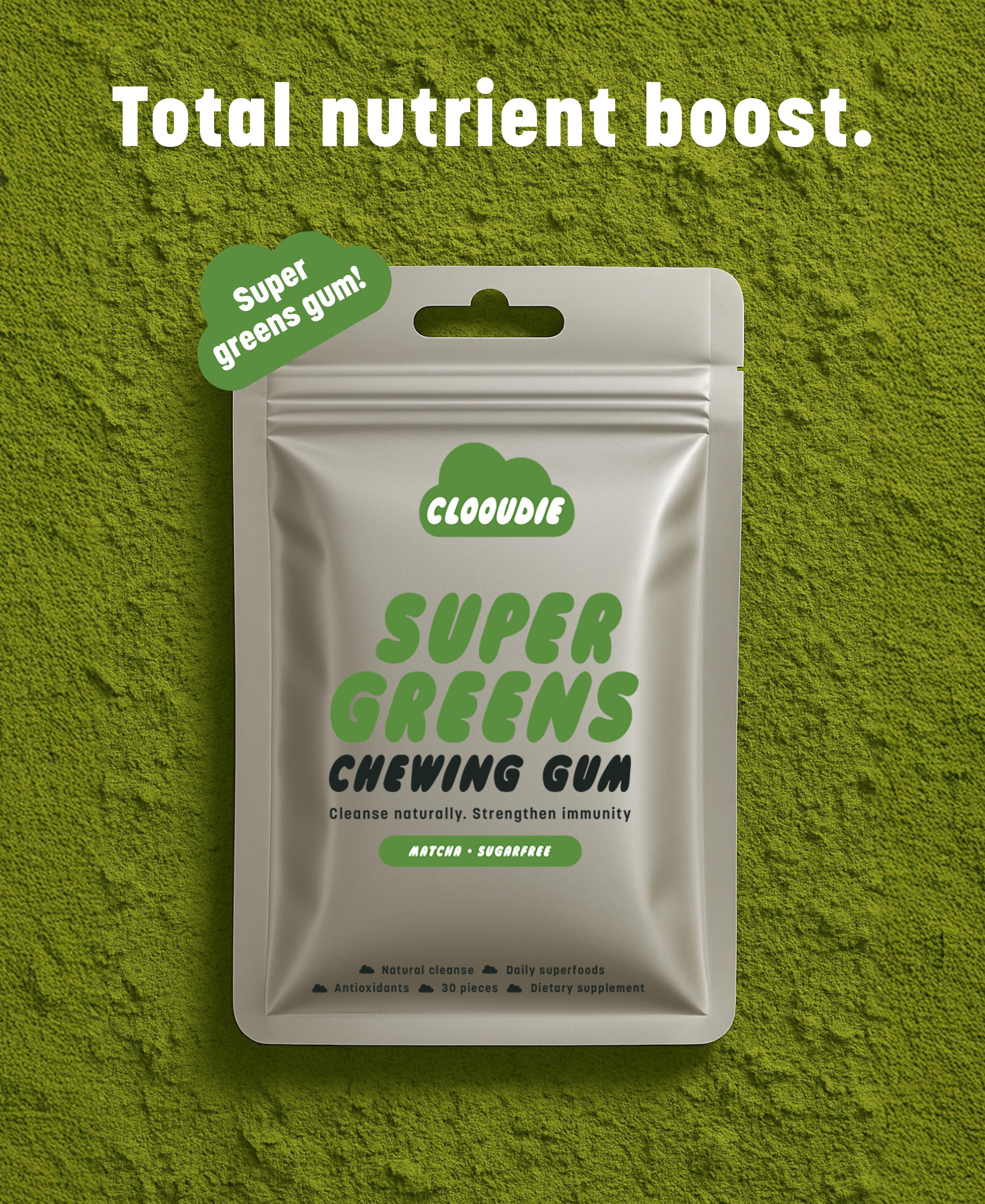Clooudie SuperGreen Chewing Gum, Matcha Flavor, 30 Gum, Natural Detox Support, Immune Defense, Antioxidant Power, Dietary Supplement, Sugar Free