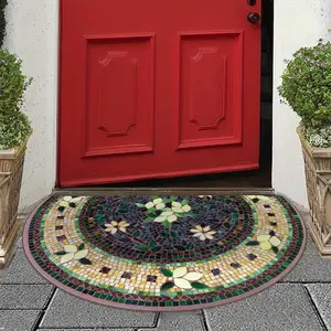 Half Round Door Mat, Vintage Floral Brick Leaf Pattern, Easy Clean Durable Entrance Rug, Floor Decoration for Living Room and Bedroom