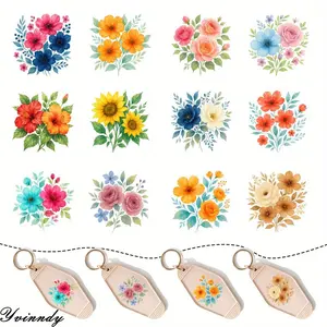 5Pcs/Set Beautiful Watercolor Flowers Style Themed UV DTF Keychain Stickers - Waterproof Pattern, Motel And Hotel Keychain Decoation, Easy To Use