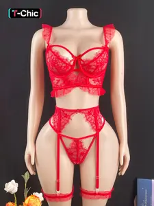 Christmas Romantic Midnight Floral Embroidered Lace Lingerie Set, Adjustable Bra and Thigh Straps, Comfortable Women's Underwear