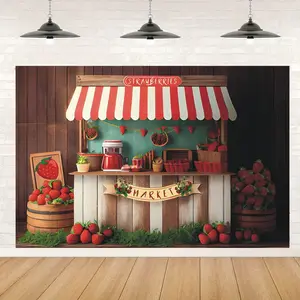 Strawberry Shoppe Fresh Fruit-Themed Birthday Party Backdrop Photo Booth Background for Family Gatherings & Events, No Power Needed