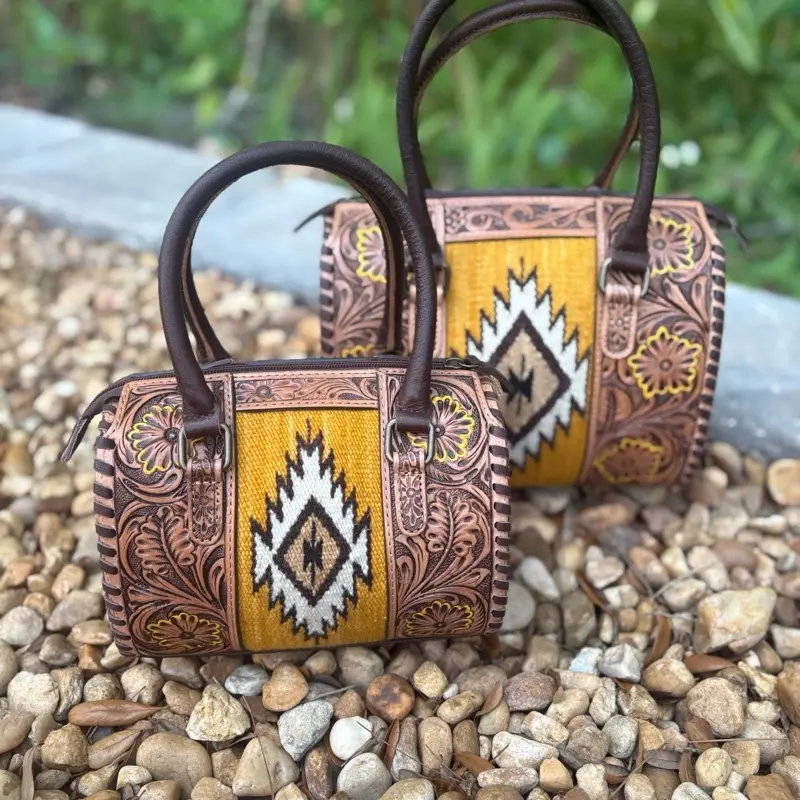 Small Brown floral tooled with yellow Aztec design Speedy Crossbody Purse. 9x7x7.5”