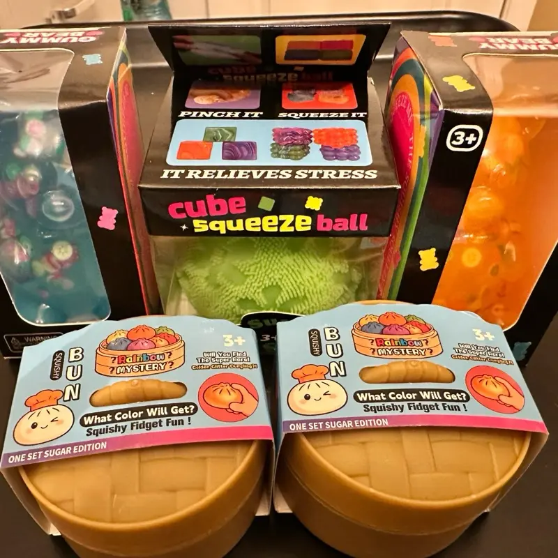 5-Piece Stress Relief Fidget Bundle - Anxiety Relief Products with 2 Mystery Mini Dumplings, 2 Gummy Bear squeeze, 1 Soft Silicone blue Fuzz Squeeze Ball for Decompression Squeeze & Tactile Variety