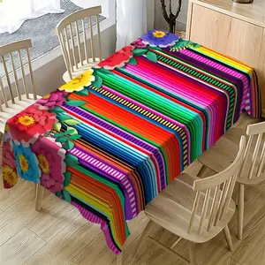 Vibrant Mexican Fiesta Tablecloth - Colorful Rainbow Striped & Large Floral Print Polyester Table Cover, Picnic Table Cover, Water-Resistant & Stain-Resistant, Wrinkle-Free & Easy to Clean, Ideal for Cinco de Mayo, Taco Tuesday, Mexican Themed Parties