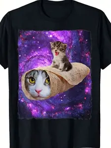 Cute Space Cat Kitty Riding A Burrito Cat In Outer Space T T Shirt Breathable Sweat Wicking and Soft Suitable for Daily Commutes Lounging at Home and Casual Wear.2026 New Year's Party Street Style Outfits T Shirts, PLUS SIZE