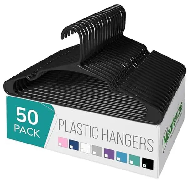 Clothes Hangers Plastic 50 Pack for Adults - Plastic Hangers, The Perfect Coat Hanger and Space Saving Clothes Hangers for Closet, Percheros Ganchos para Colgar Ropa Hangars - Black Hangers
