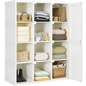 Tangkula Portable Closet Wardrobe, Foldable Clothes Organizer with Cubby Storage, Hanging Rods, Easy Assemble Clothing Storage with Magnet Doors, Folding Bedroom Armoire (12 Cubbies)