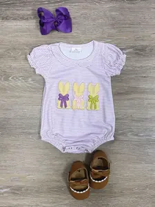 Sweet Bows & Bunnies Lavender Stripe Girls Baby Romper with Adorable Bunny Details & Cute Bows for Easer, Church, & Spring Days & Easter Celebrations