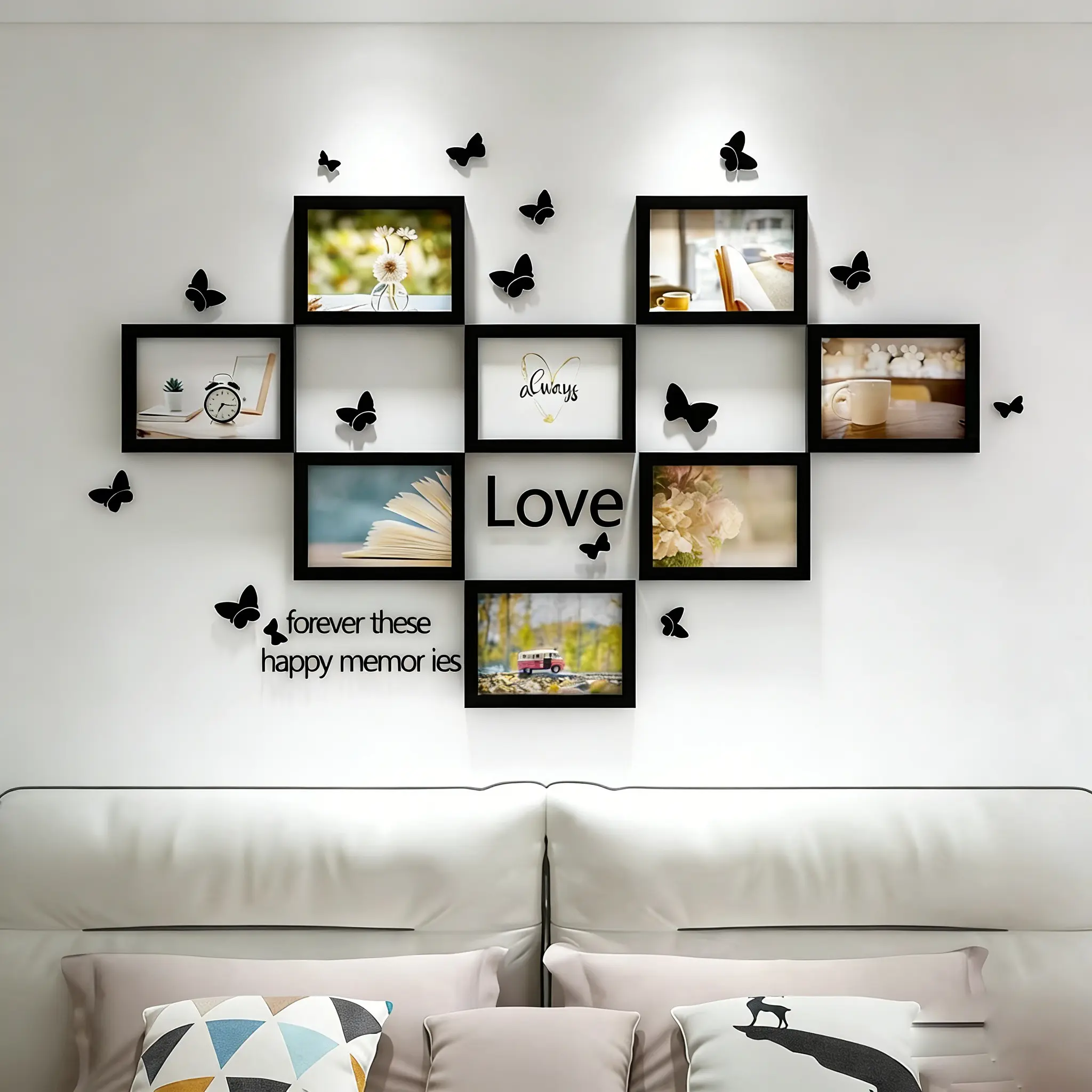 8pcs Magnetic Photo Frames, Heart-Shaped DIY Photo Wall Set Collage Picture Frames, A5 Size, Butterfly & Text Decor, Self-Adhesive No-Drill Wall Mount, Home Wall Decor, Aesthetic Room Decoration