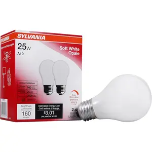 Incandescent Light Bulb, 25W A19, , Medium Base, 160 Lumens, 2850K, Soft White - 2 Pack (10562)