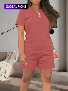 Women's Summer Casual Set, Regular-Fit Short-Sleeve Top & Shorts, Plain Color, Comfortable for Daily Wear