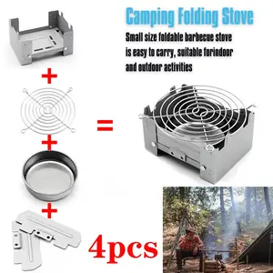 4-Piece Ultra-Light Portable Folding Camp Stove Set, Includes Windscreen, Fuel Tray, Shelf, Compatible with Most Pots, Camping Gear, Windproof Camping Stove