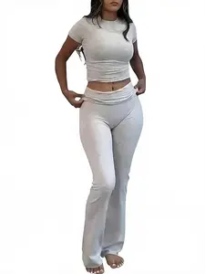 Women's Solid Crop Tee & High Waist Flare Leg Pants Set, Casual Short Sleeve Round Neck Tee & Trousers For Summer, Summer Outfits, Ladies Clothes For Daily Wear
