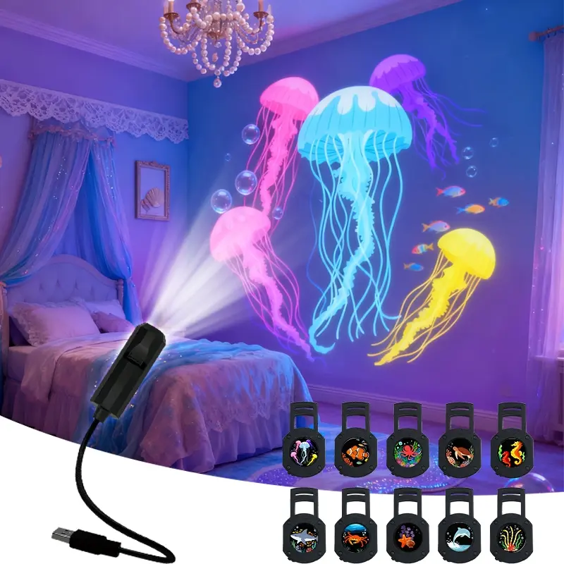 USB LED Colorful Ocean Projector Light, 10/6/3 Projection Images, 360-Degree Rotating Lamp with Colorful Fish & Coral Reef, for Ceiling, Gift, Room Decoration, Photo Background, Projection, Indoor Decorative Light, Mood Lighting, Multicolor Led Lights