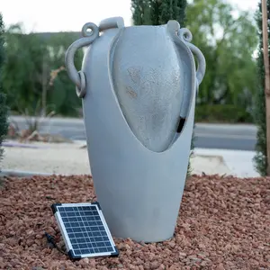 34" Solar Pot Fountain, Amphora-Inspired Design, Outdoor Water Fountain, Polyresin, Gray