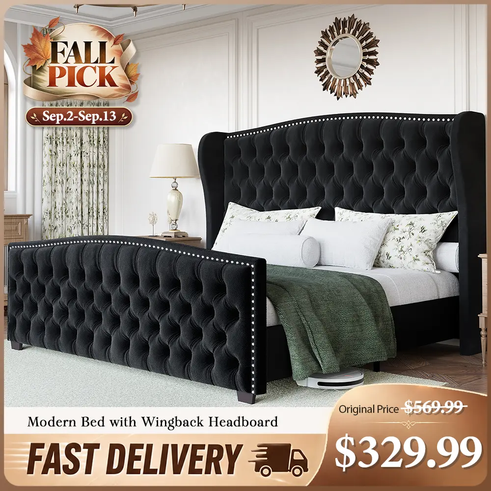 AMERLIFE Modern Bed Frame with Wingback Headboard, Upholstered Bed Frame with Handmade Button Tufted & Nailhead, Wooden Slats Support/Luxury Bedroom Furniture/Queen/King/California King Size/Christmas Gifts[tiktokshopbacktoschool][SohoChic]