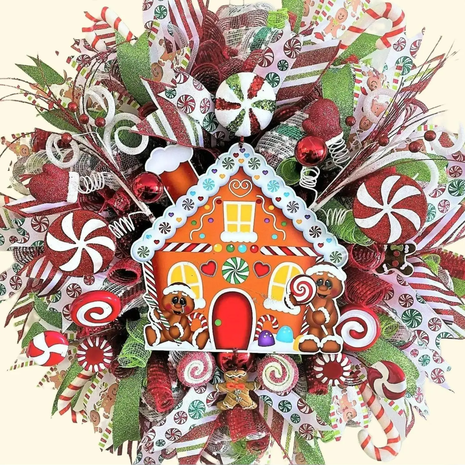 Gingerbread Christmas Wreaths, Christmas Wreath for the Door, Holiday Wreath, Gingerbread House, Happy Holidays Wreaths, Winter Wreaths Decor Round