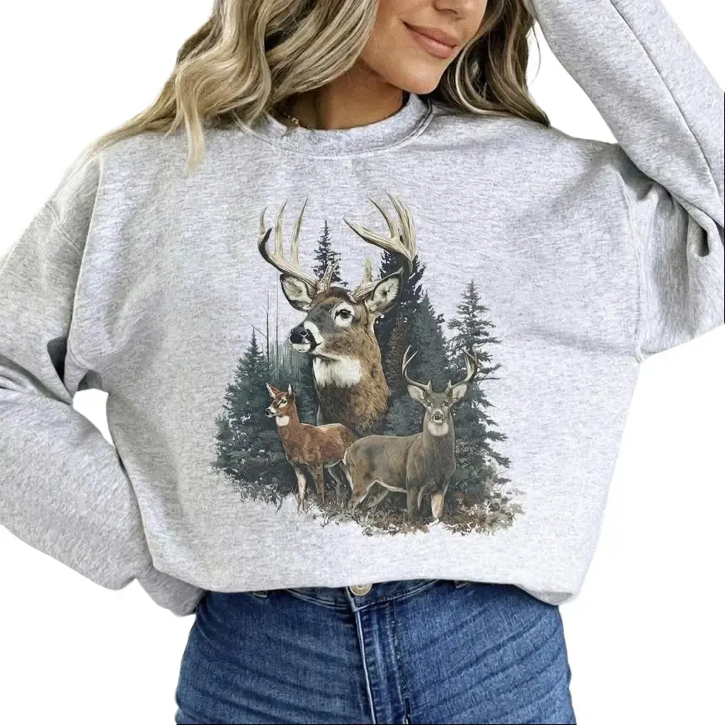 Women's Retro Deer Graphic Crewneck Sweatshirt Pullover Womenswear Unisex Casual Crewneck Sweatshirt Longsleeves