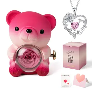 Mother’s Day Gift – True Love Real Rose Bear & Pink-Heart Mom Necklace, Romantic Jewelry Gift for Mom, Daughter, Girlfriend, Wife