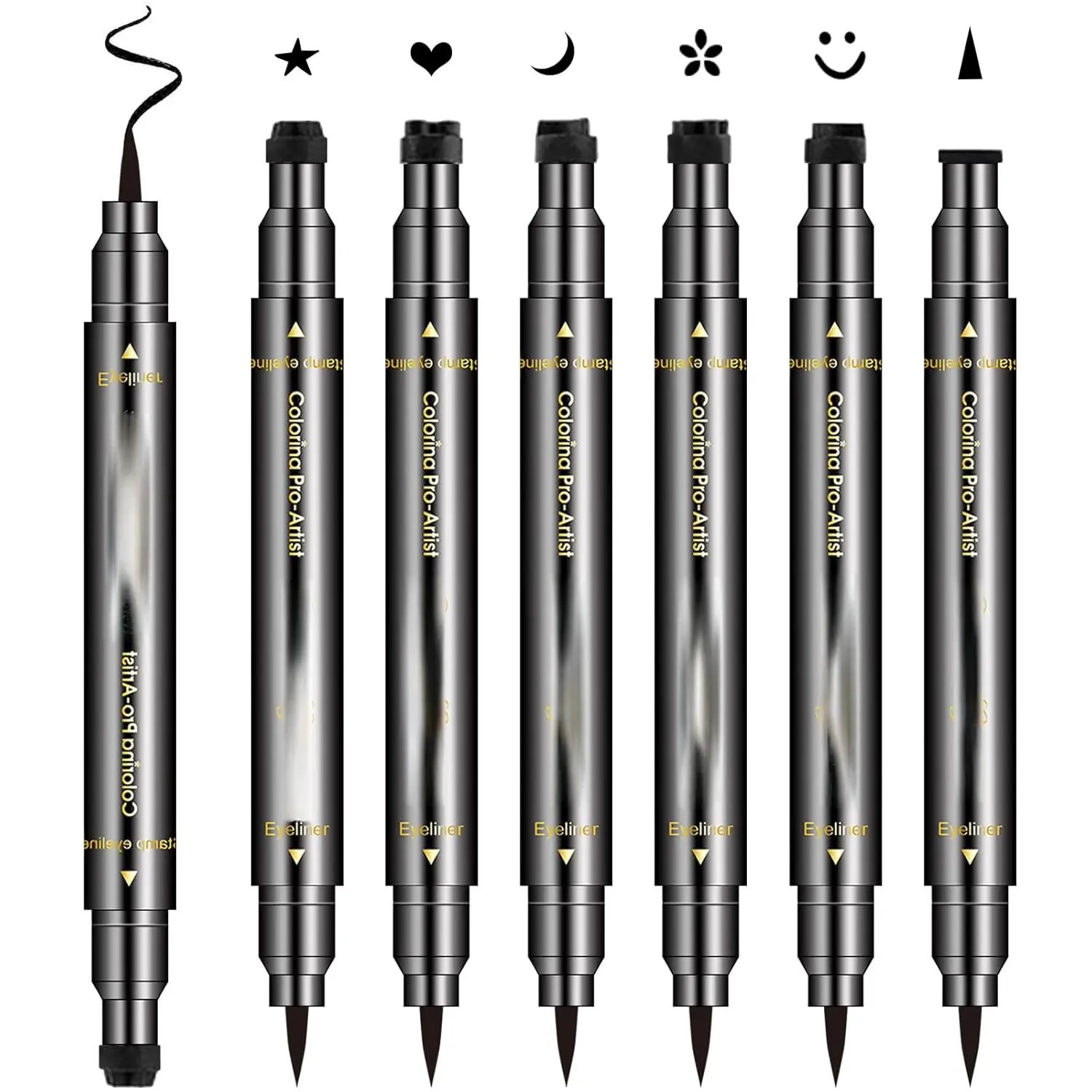 6PCS Double-Headed Eyeliner Stencil Pen Multi-Pack, Black Stencil, Winged Eyeliner Tattoo Tool, Star-Moon-Heart Eye Makeup Accessory for Baby Costume Jewelry Needs, Cosmetic, Apply Stencil, Winged Look