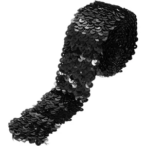 2.2 Yards 2 Inch Elastic Sequins Trim 5 Row Flat Sequin Strip Paillette Sequins Fabric Ribbon for Crafts DIY Sequin Fringe Sewing, Black