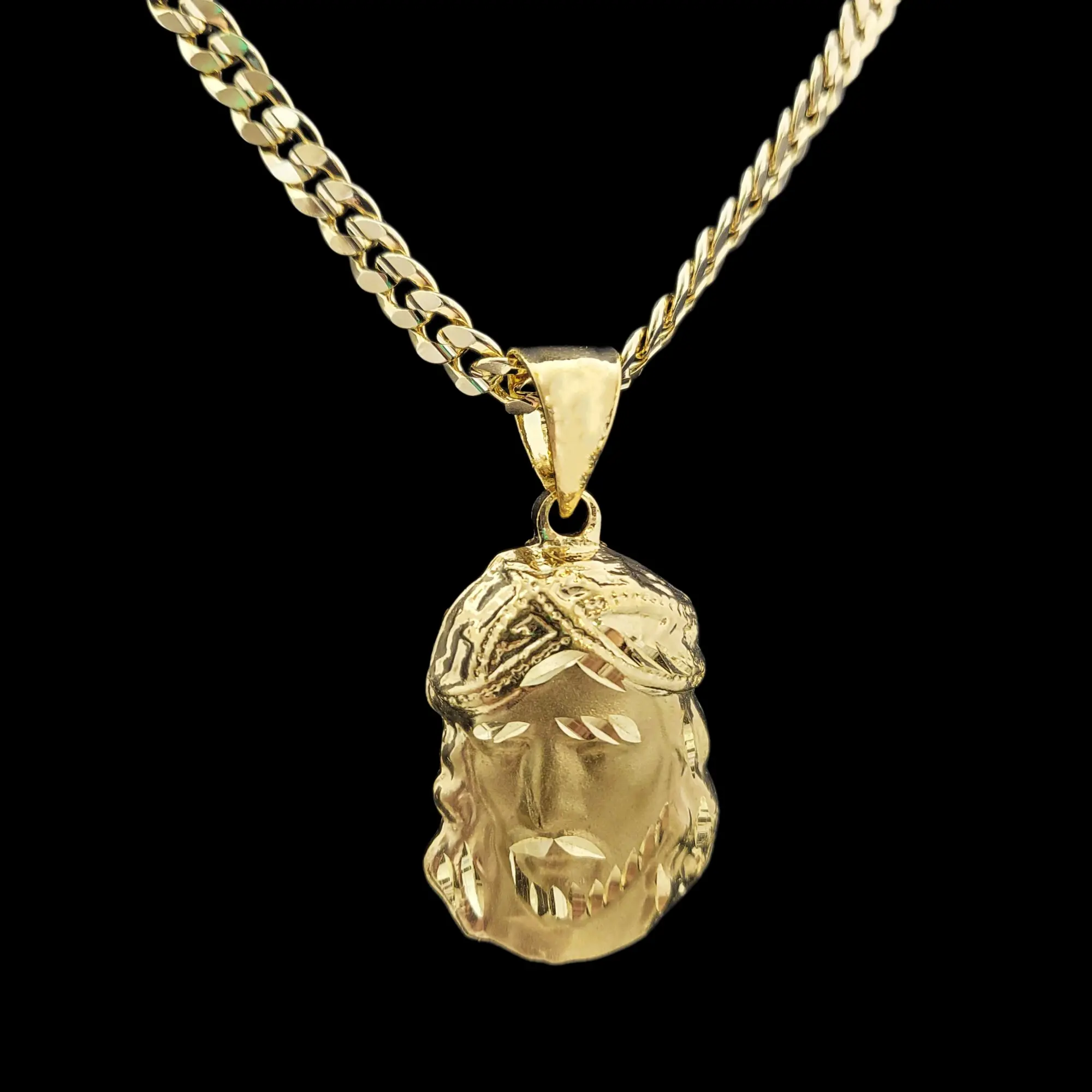 MaxBling81 AAA+ Brass Gold-Plated Jesus Head Portrait Religious Pendant Charm with 5mm Cuban Link Chain Necklace, 20"-24" Long Cuban Chain, 14K Stamped Lock, High-Quality Polished
