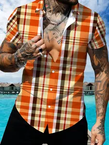 Orange Plaid Short Sleeve Shirt for Men, Casual Fashion Slim Fit, Summer Men's Shirt