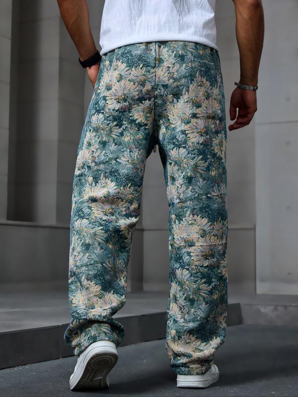 Men's Floral Print Woven Pants, Regular Fit Casual Comfy Trousers for Spring & Fall, Fashion Men's Bottoms for Daily Wear