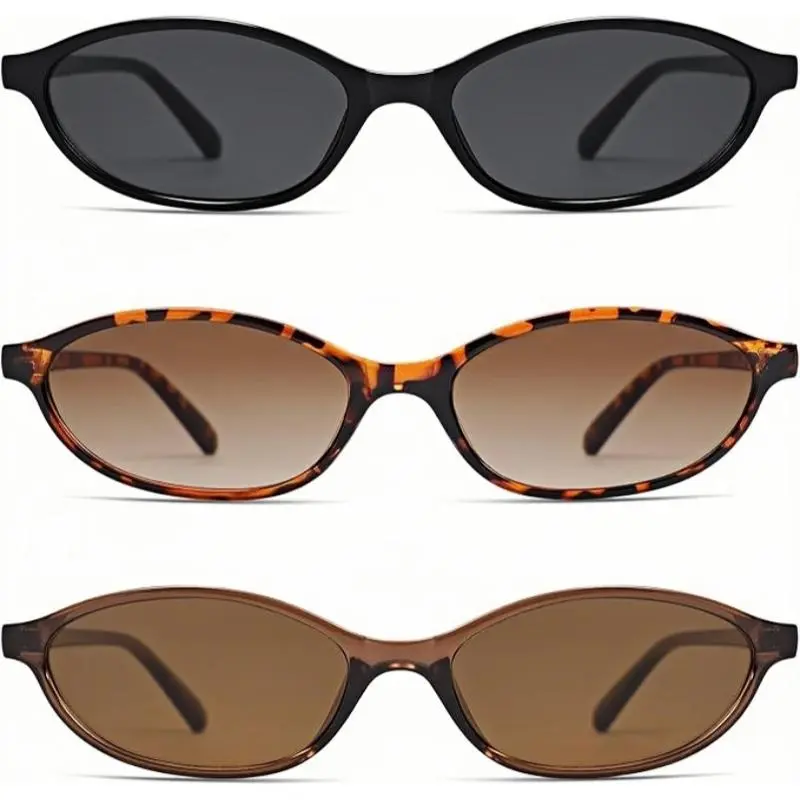 〖Summer Turn Up〗3 PCS Retro Oval Sunglasses for Women Chic Cat Eye 90s Sunnies Lightweight Narrow Shades Trendy UV Protection Sunglasses Vintage Rich Girl Sunglasses Women Sunglasseswomen summerwins