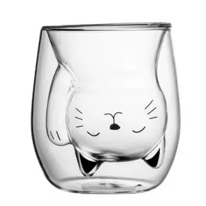 Cute Cat Design Double Wall Insulated Glass Mug 200ml Transparent Thermal Coffee Tea Cup for Home Office Personal Gifts Tableware Value Pack for Valentine's Day GiftsMilk Breakfast Cup