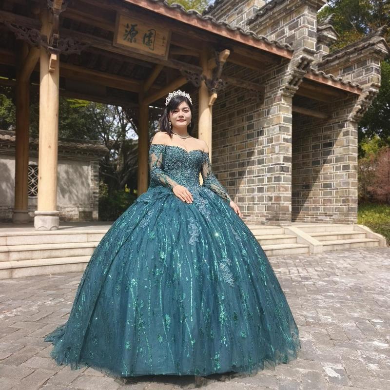 NO.43  Quinceañera Dress Off The Shoulder Bell Sleeves Green Blush Sparkle Tulle Ball Gown Dress