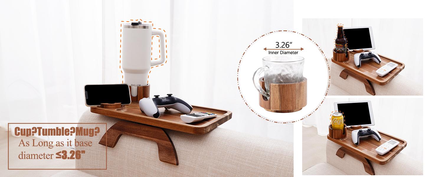 Couch Cup Holder Tray, 3 in 1 Large 15.36"x9.85" Acacia Wood Sofa Arm Clip on Tray Table with 360°Rotated Phone Holder on Armrest