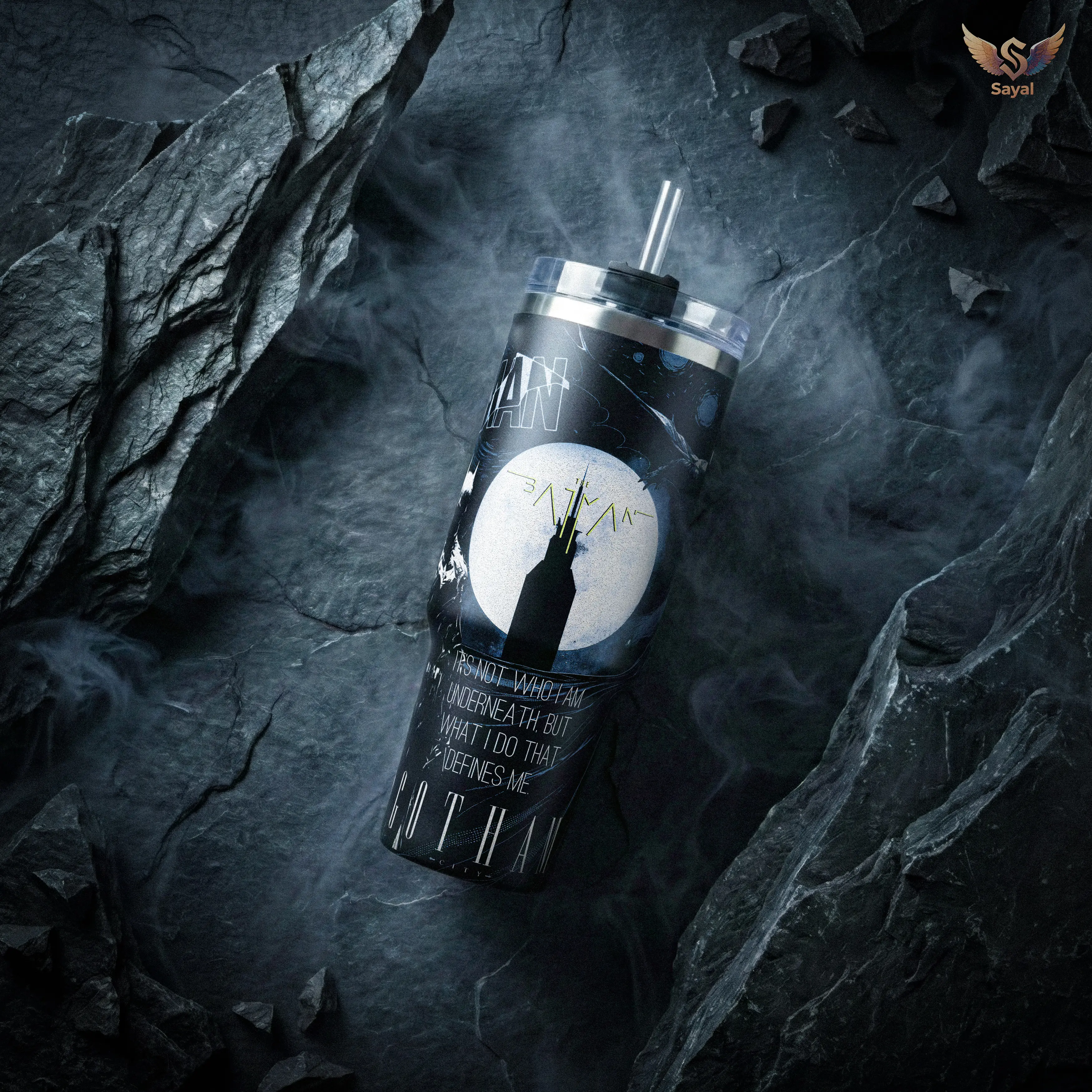 Bat Signal - Gotham Dark Knight City Quote 40oz Tumbler Design Moon Art with Vacuum Insulated Stainless Steel Cup with Comfort Handle & Leak-Proof Straw Hot Cold Beverage Container for Comic Book Fans Birthday Gift Super Hero Lovers